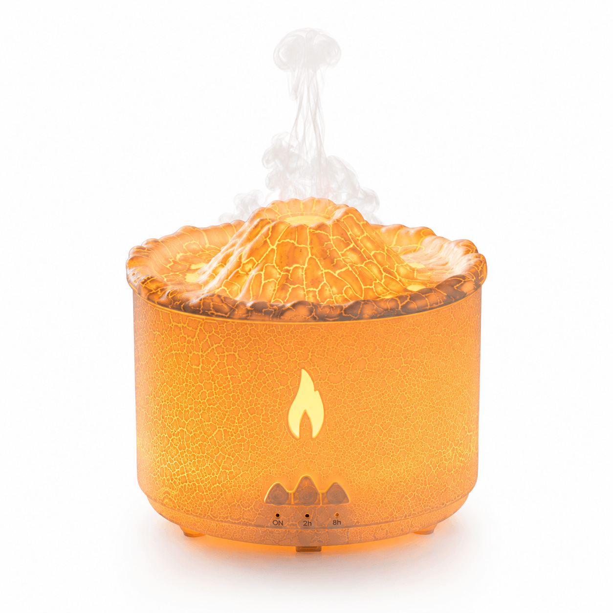 Amber crackle volcano aroma diffuser with glowing flame icon, timer buttons, and soft mist.