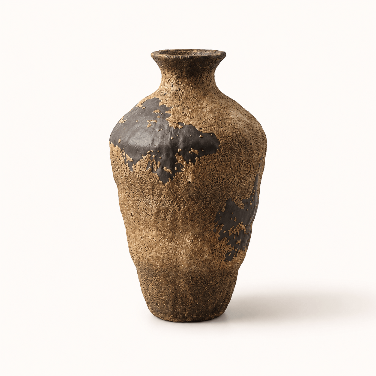 Small tall wabi-sabi ceramic vase with weathered brown and charcoal texture