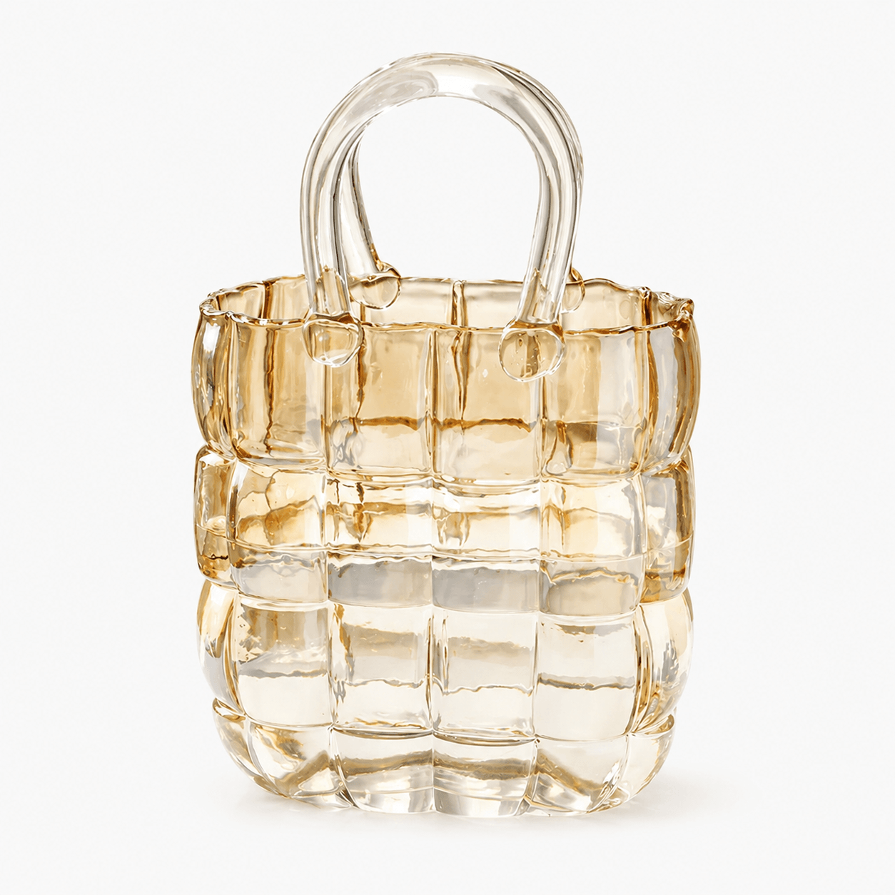 Warm clear glass handbag vase with basket-weave texture and heat-fused handles