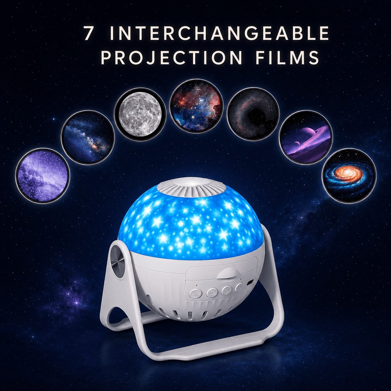 Galaxy projector with seven interchangeable celestial projection films arranged above the unit