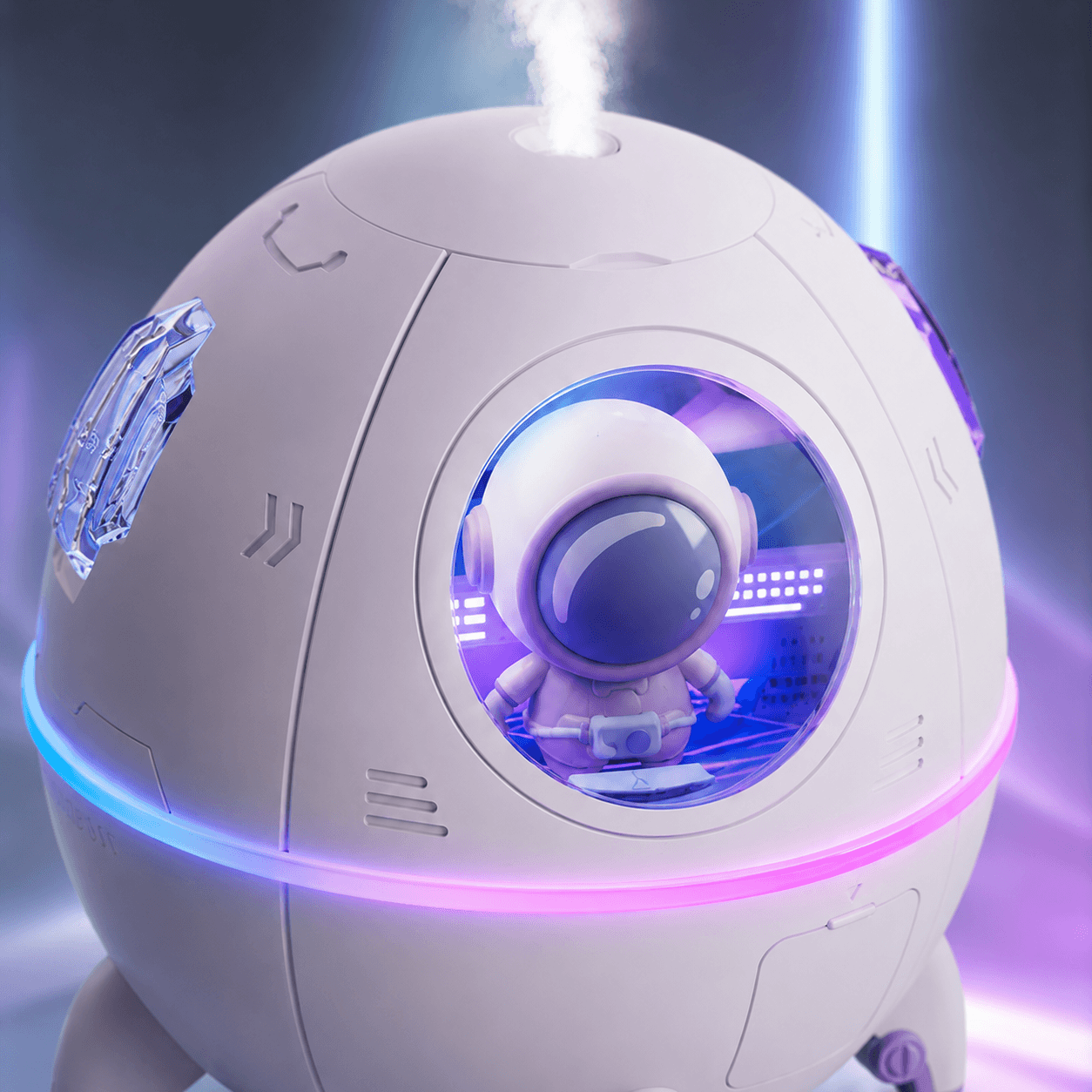 Close-up of the astronaut humidifier with soft purple glow and mist