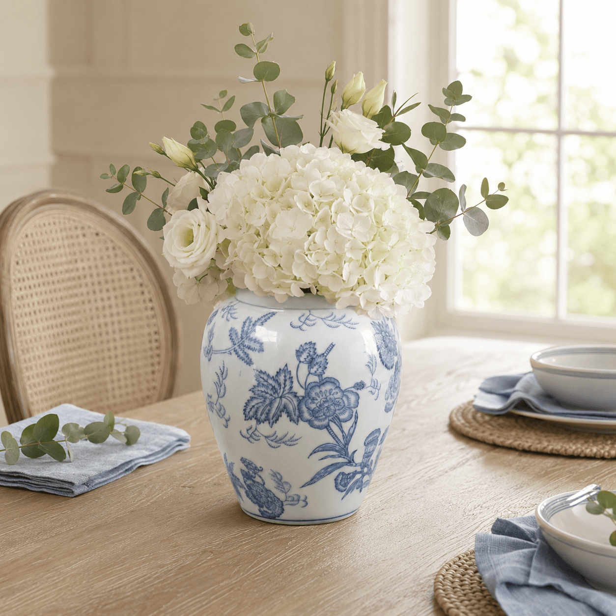 Blue and white ceramic vase with white hydrangeas on a sunlit dining table