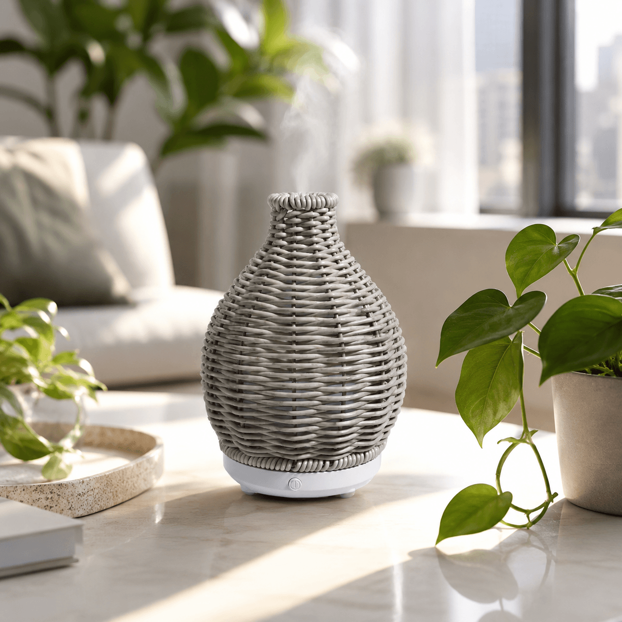 Grey boho aroma diffuser with woven texture in a bright room with green plants.