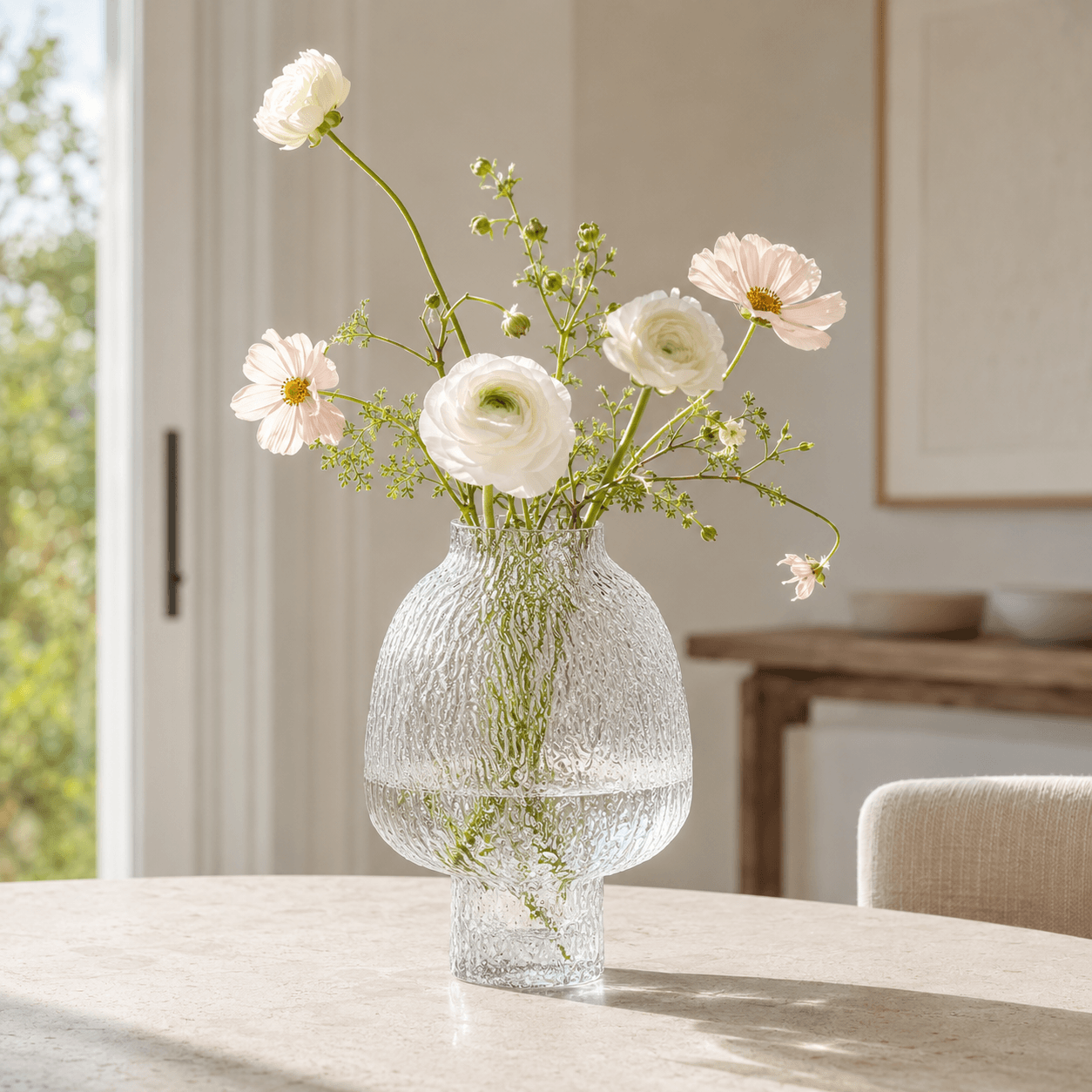 Clear textured glass vase holding fresh water and an airy arrangement of white and blush flowers
