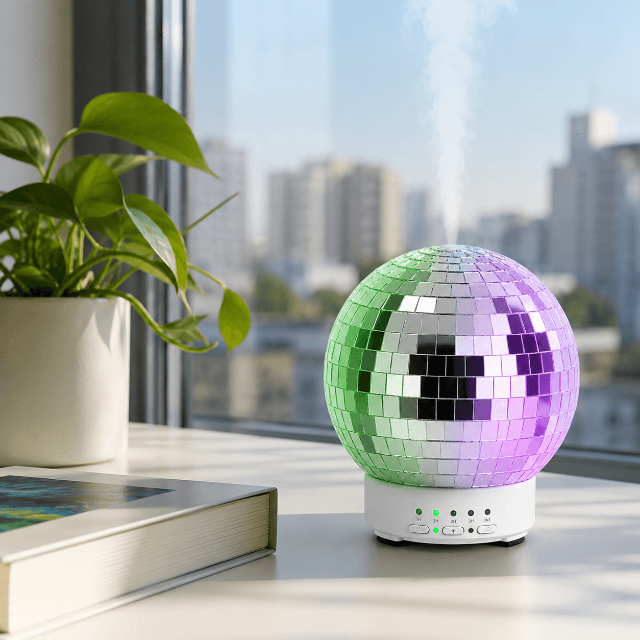 Disco ball humidifier with colorful ambient light by a sunny window