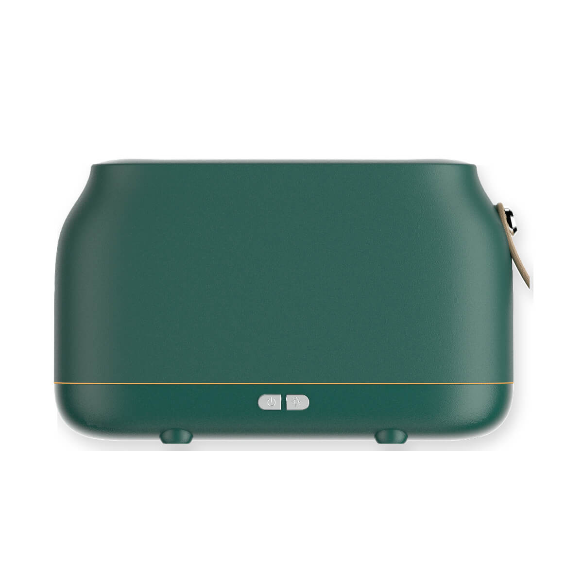 Green flame aroma diffuser with gold accent line and side handle on a white background.