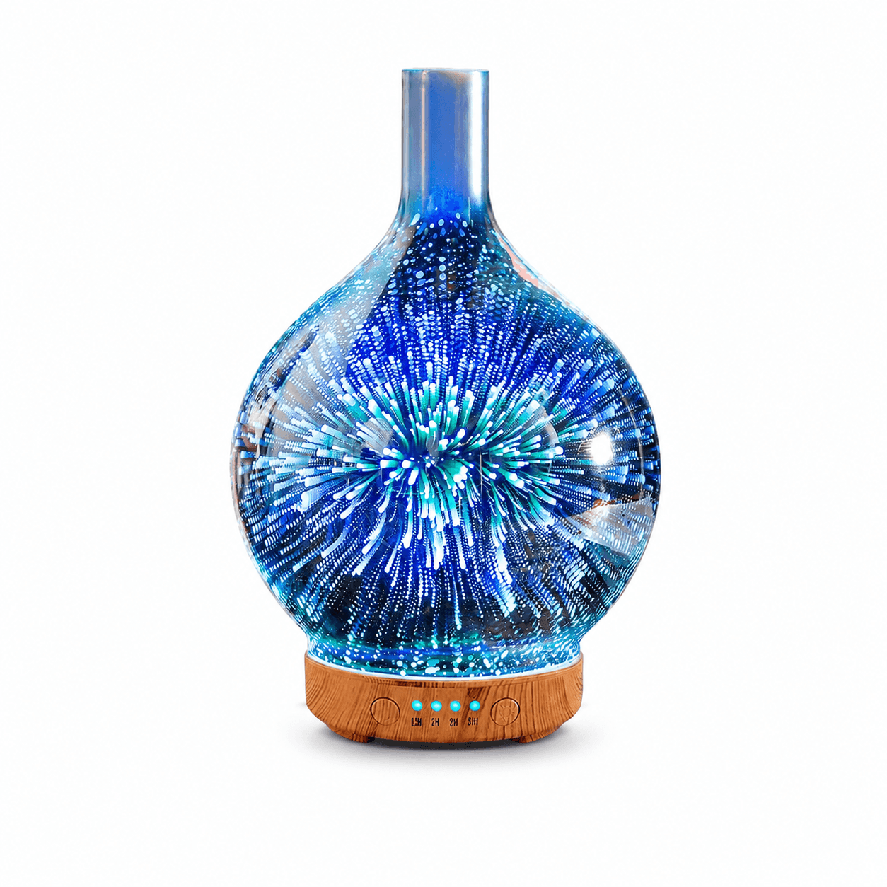 Blue glass firework aroma diffuser with wood-look base on a white background
