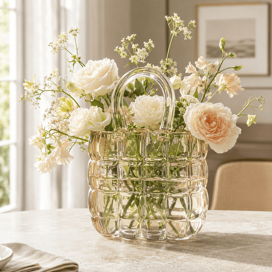 Glass handbag vase holding fresh cream and blush flowers on a light dining table