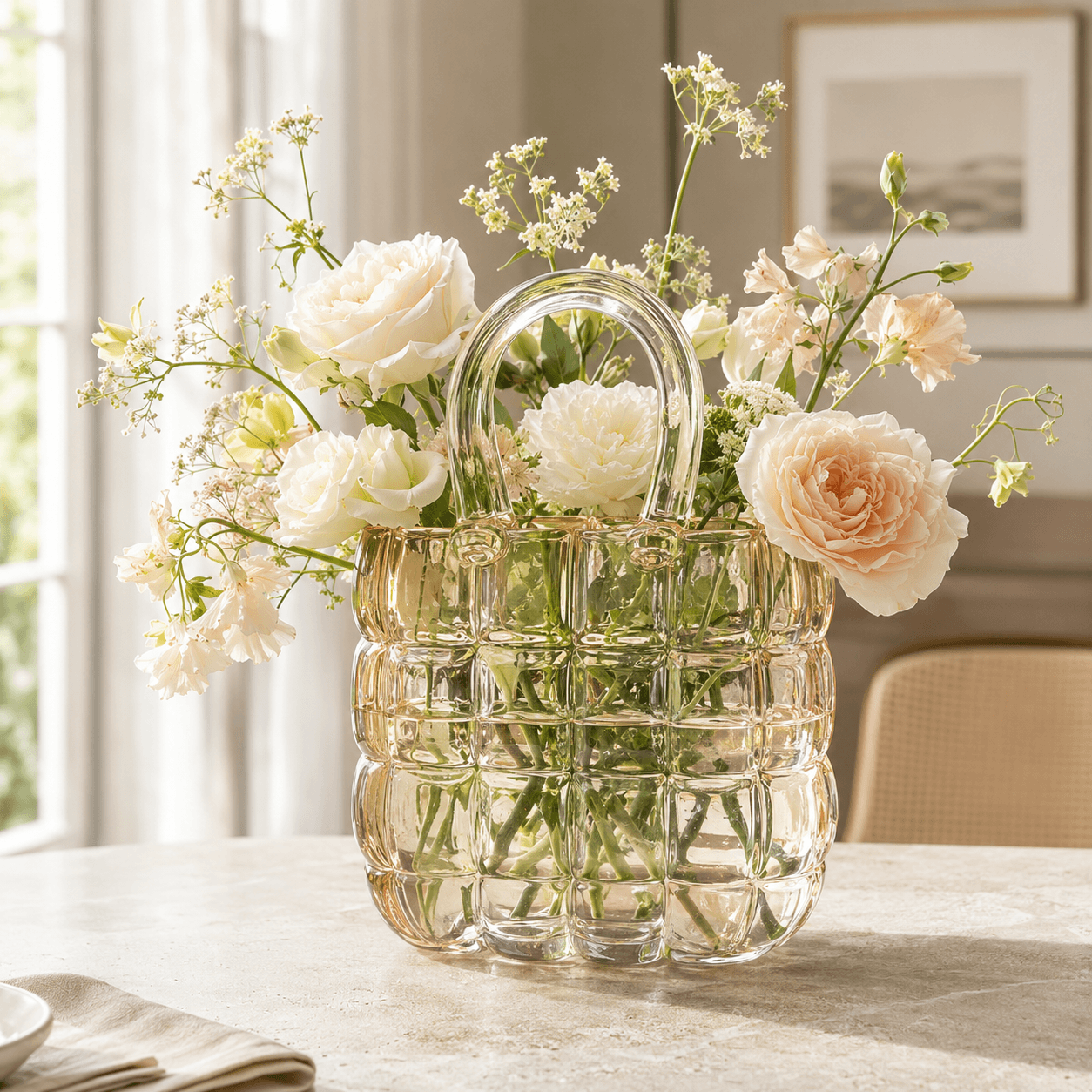 Glass handbag vase holding fresh cream and blush flowers on a light dining table
