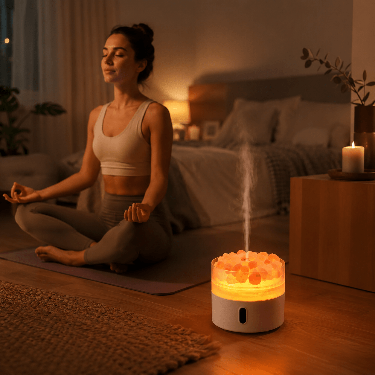Warm salt stone diffuser used during a quiet evening meditation routine.