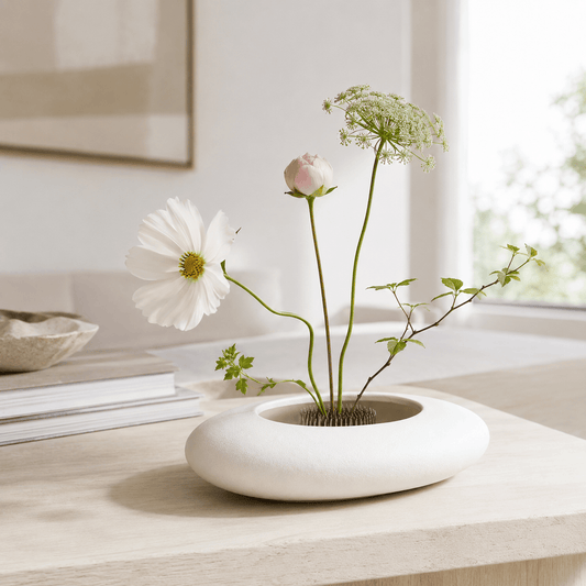 White ceramic ikebana bowl with a simple floral arrangement on a tabletop.