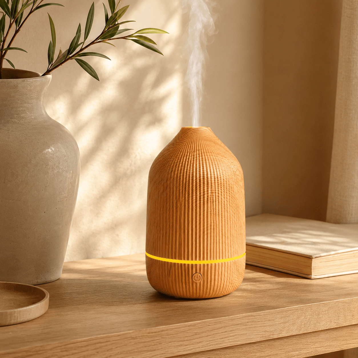 Wood grain ribbed aroma diffuser on a wooden table in warm natural light