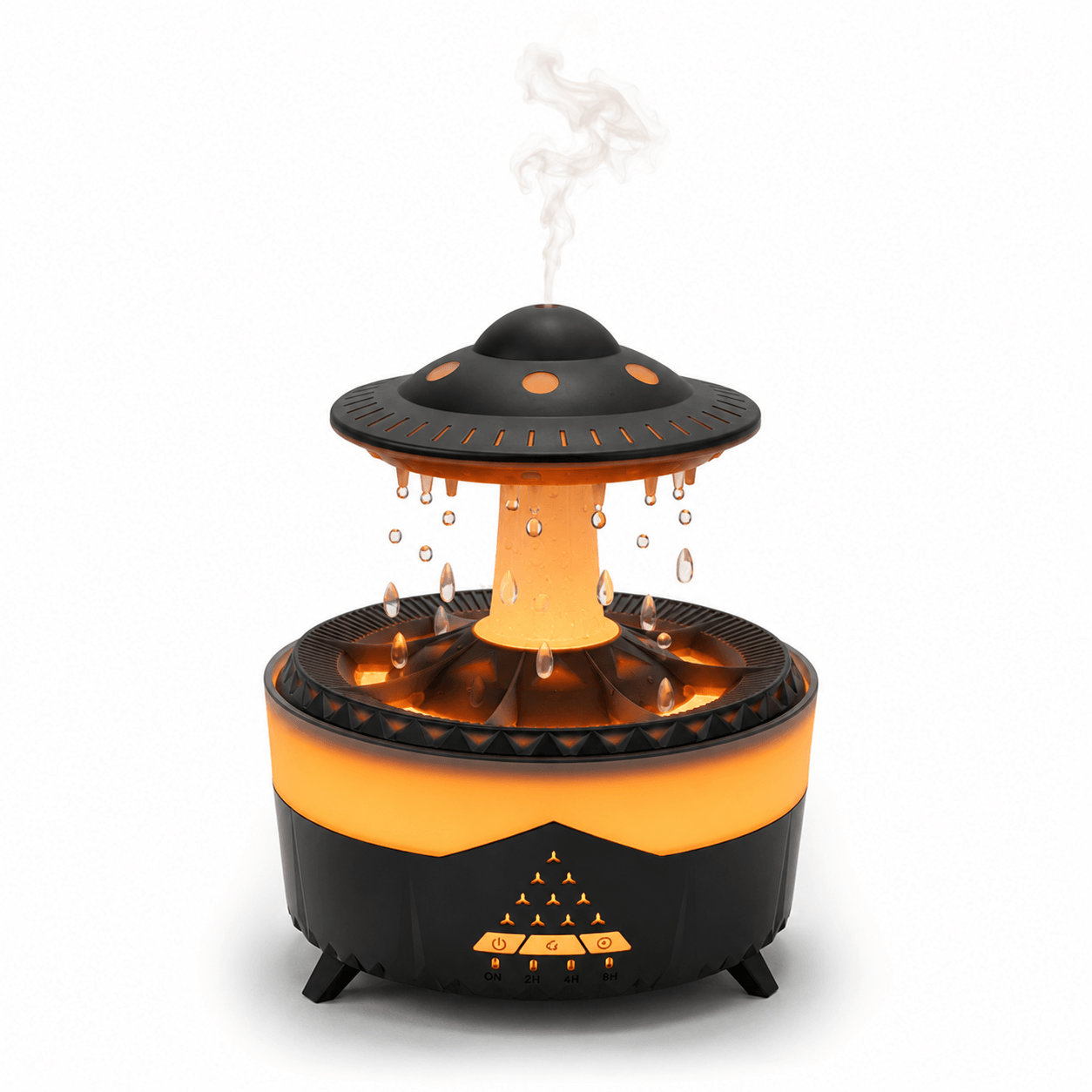 Black UFO raindrop diffuser with warm light and mist
