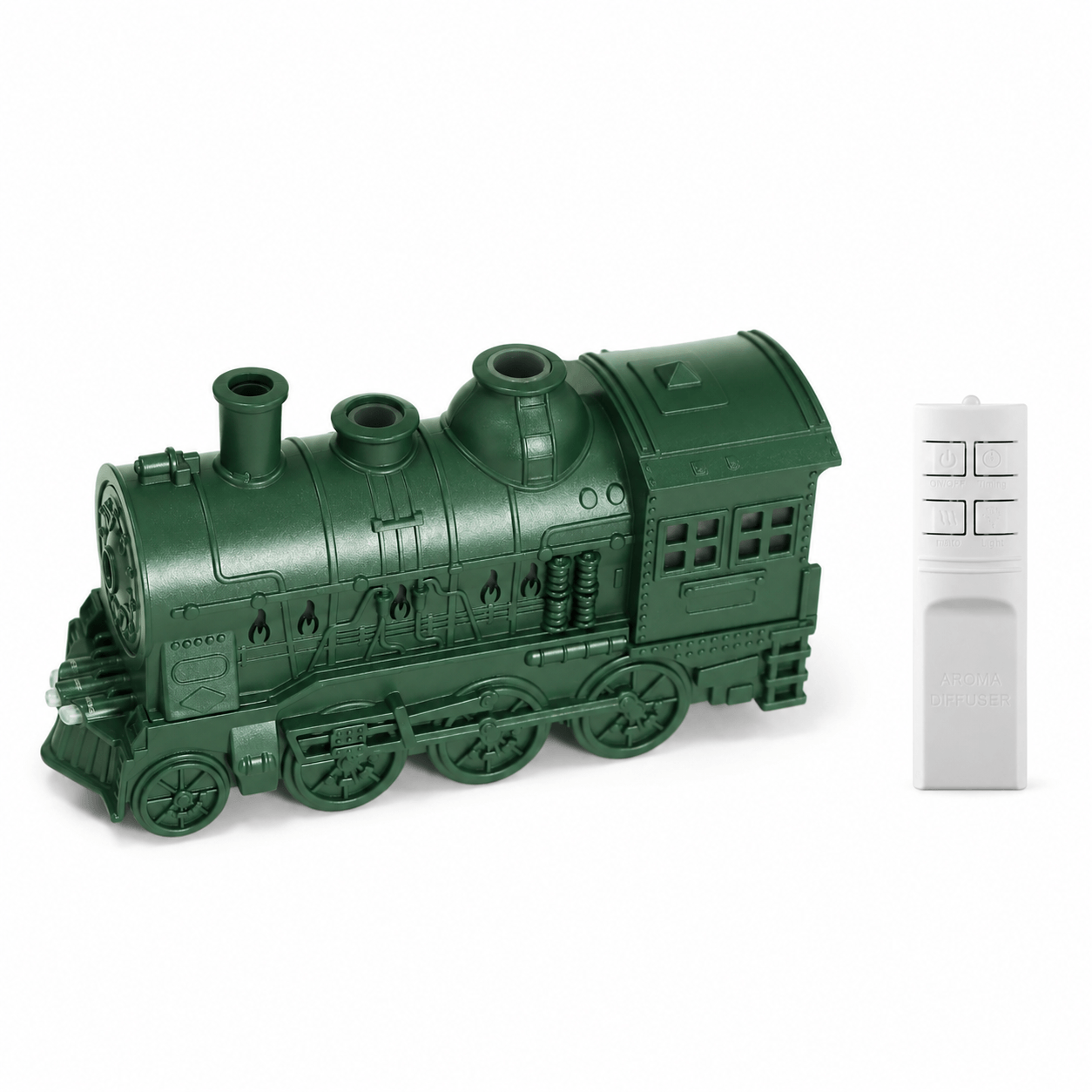 Forest green train aroma diffuser with remote on a white background