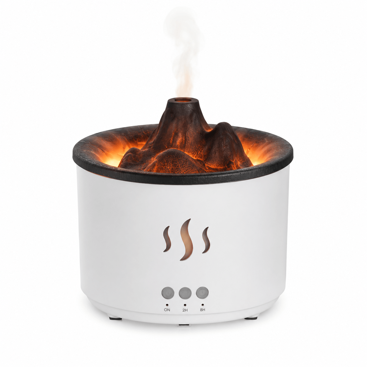 White volcano aroma diffuser with black mountain top, steam icon, timer buttons, and soft mist.