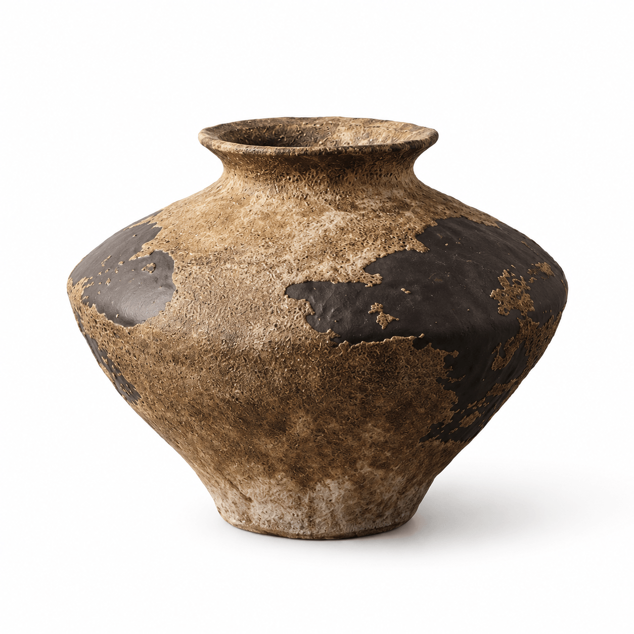 Large low rounded wabi-sabi ceramic vase with handmade rustic surface
