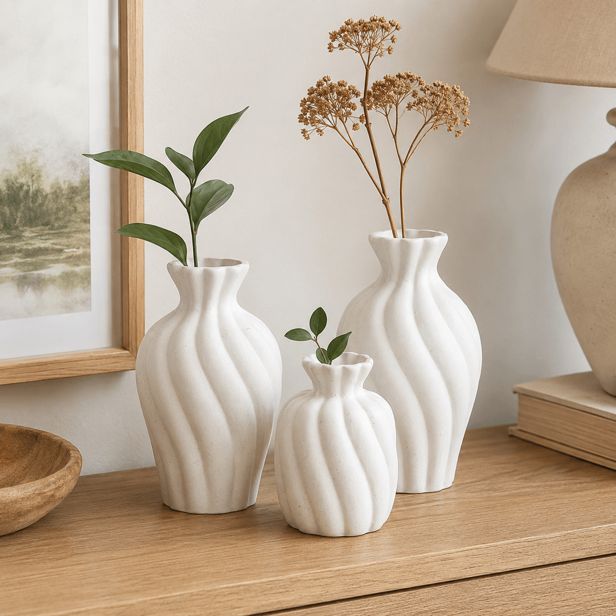 White wavy ceramic vase set styled on a wooden table for shelf and home decor styling.