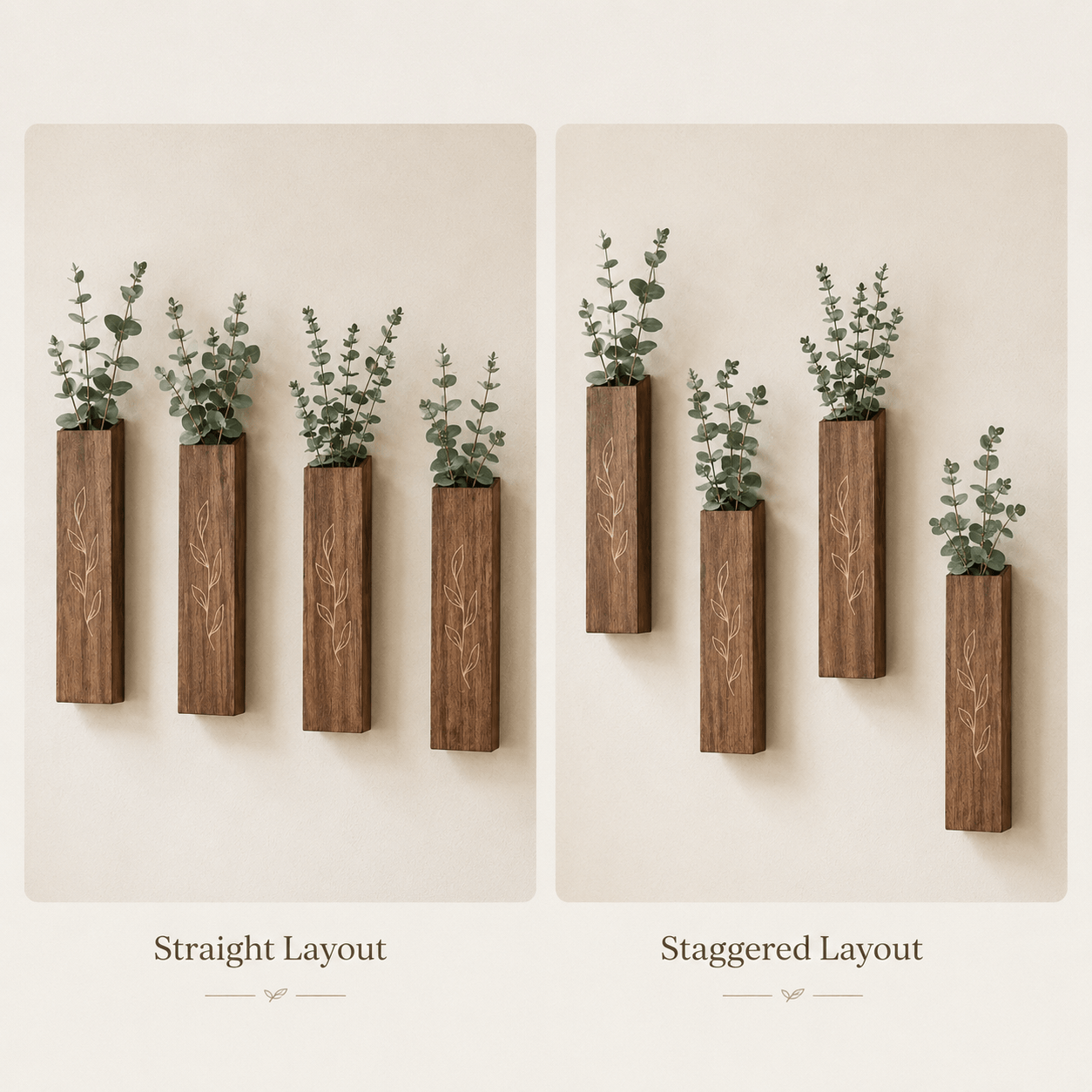 Wooden wall pocket vase set showing straight and staggered hanging layout options.
