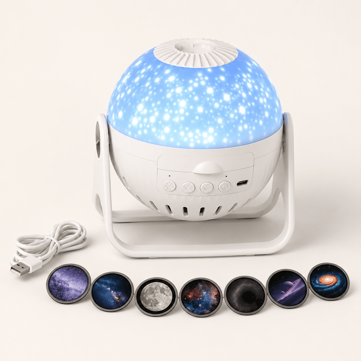 Plug-in galaxy projector with USB power cable and seven interchangeable projection films