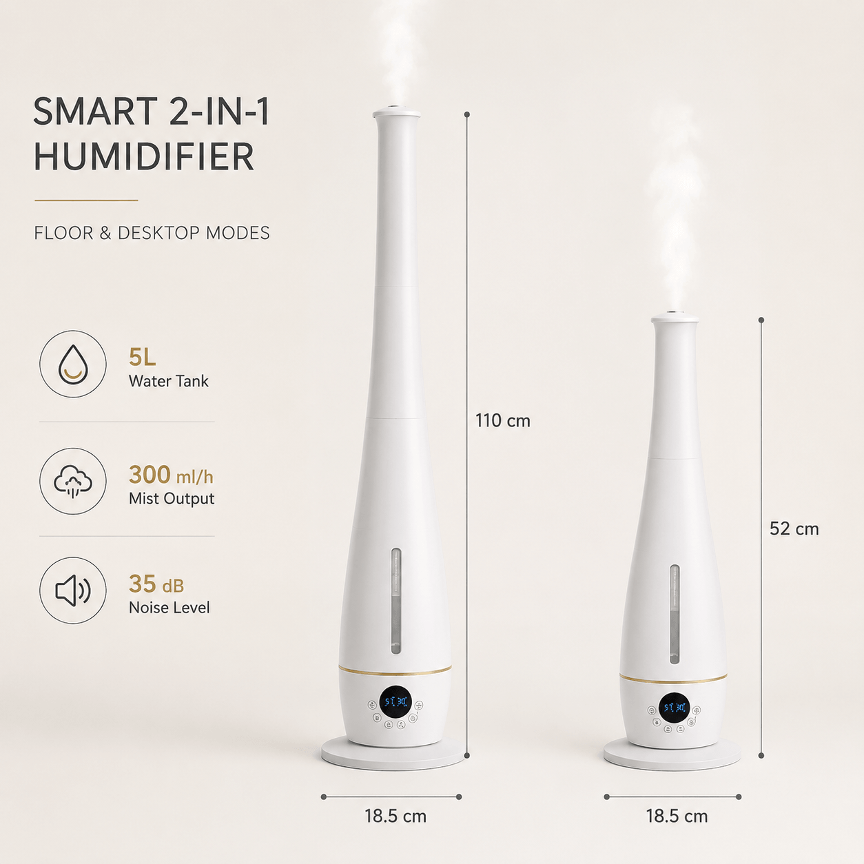 Smart 2-in-1 humidifier size guide showing floor and desktop modes with 5L tank and 300ml per hour mist output.