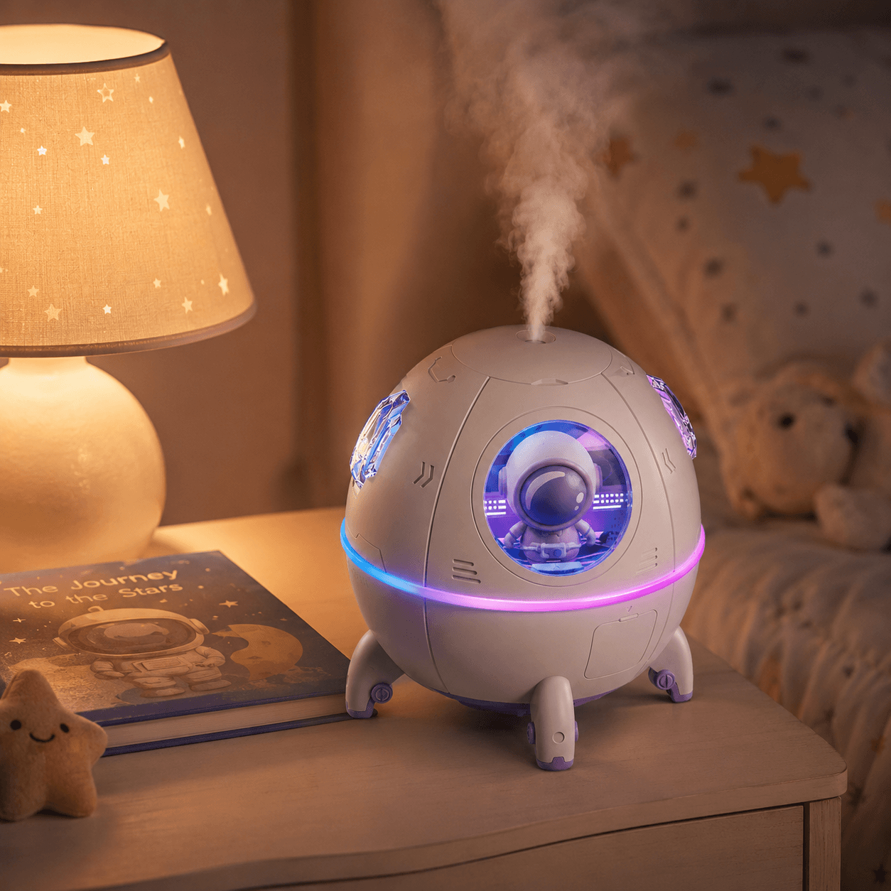 Astronaut humidifier on a bedside table with warm lamp lighting