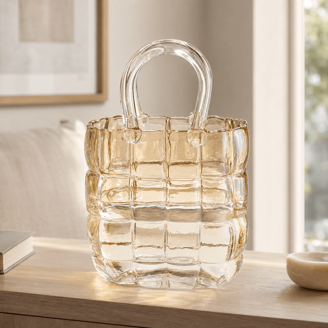 Empty basket-weave glass handbag vase displayed on a modern wood console