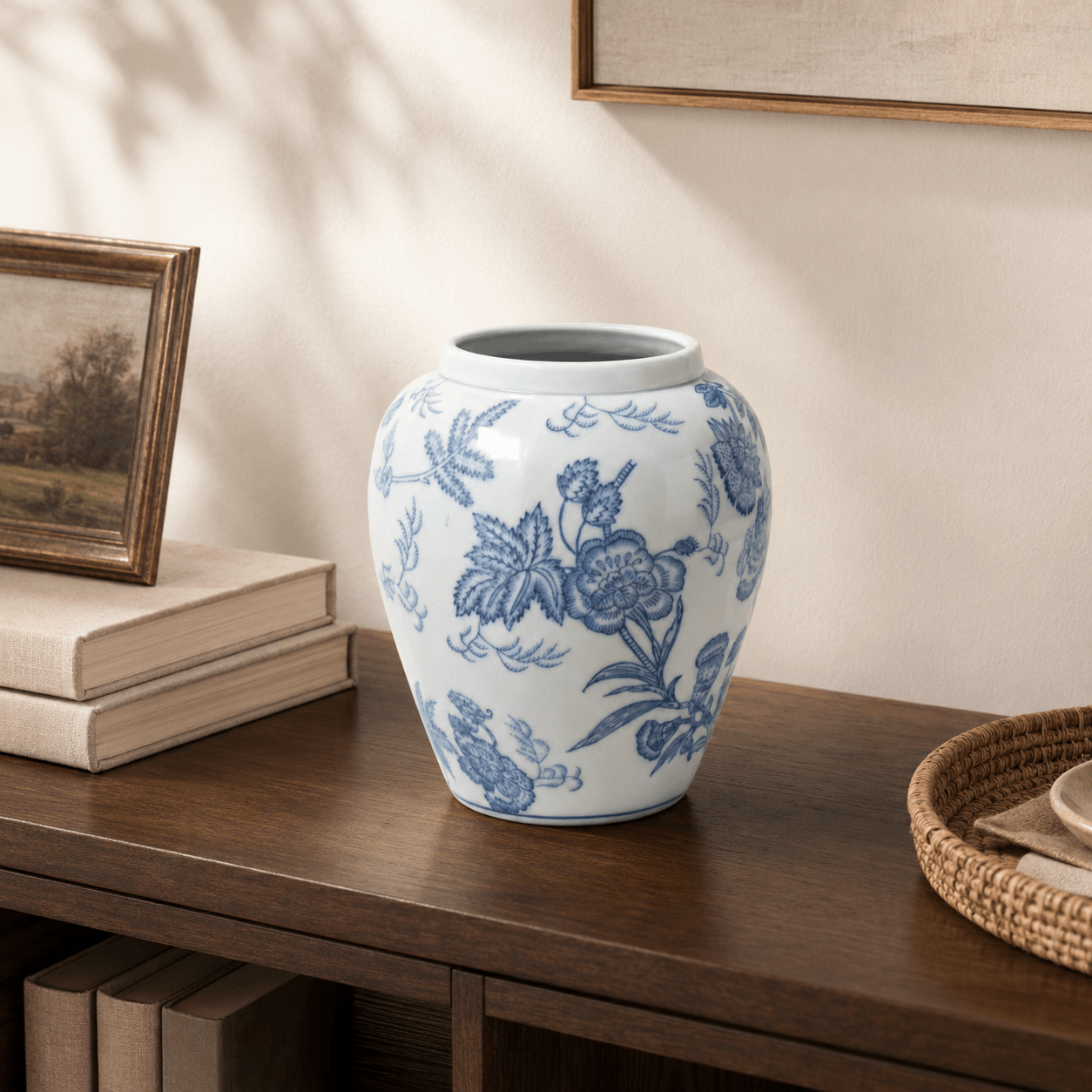 Blue and white botanical ceramic vase displayed empty on a walnut console