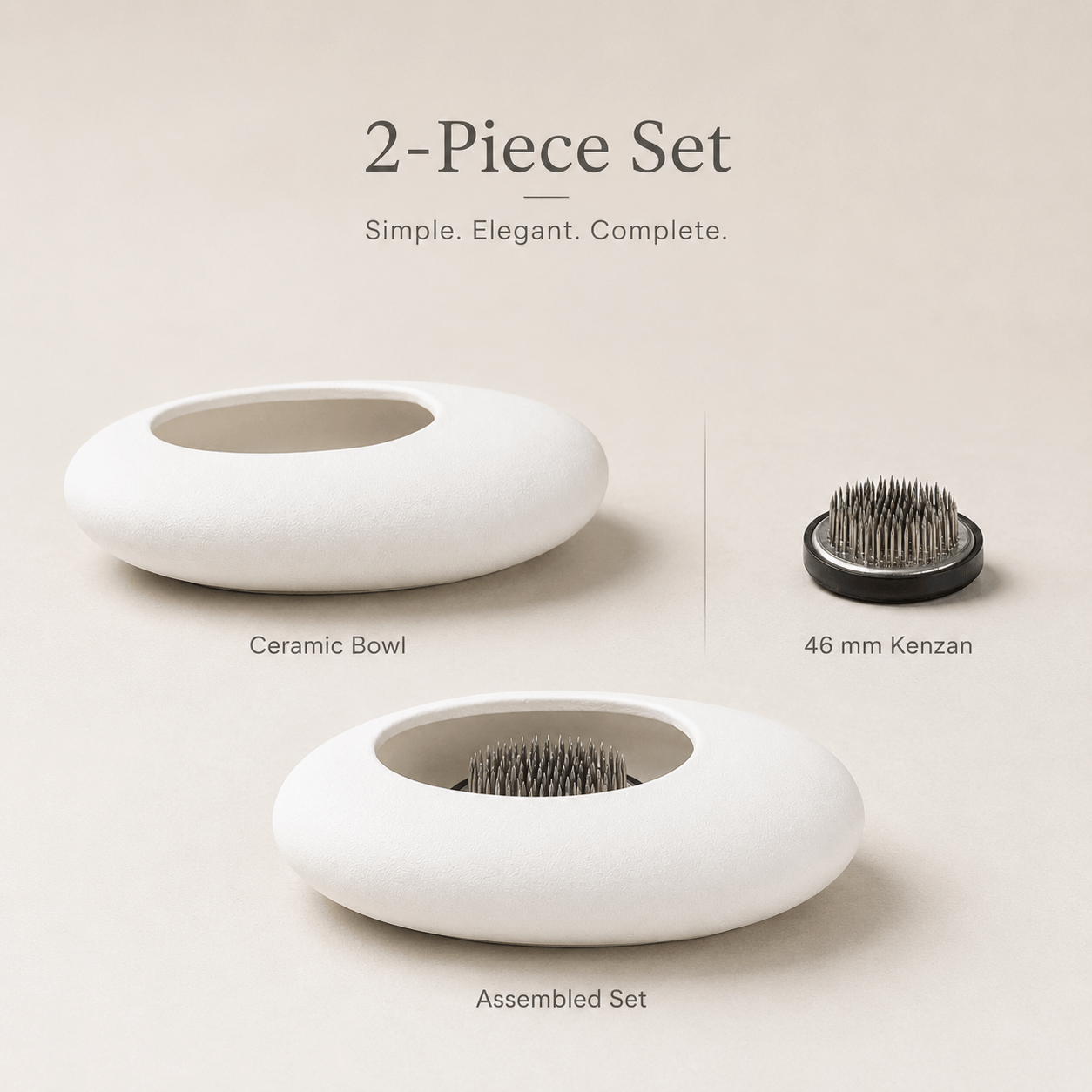 2-piece set showing the ceramic bowl, 46 mm kenzan, and assembled flower arrangement set.