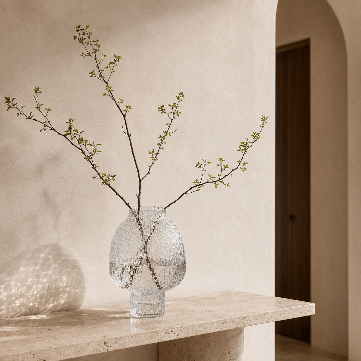 Clear textured glass vase with fresh leafy branches on a travertine console in a warm entryway