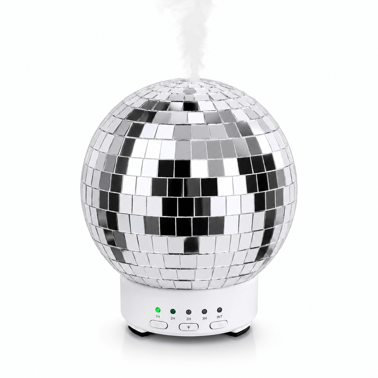 Silver disco ball humidifier with soft mist on a white background