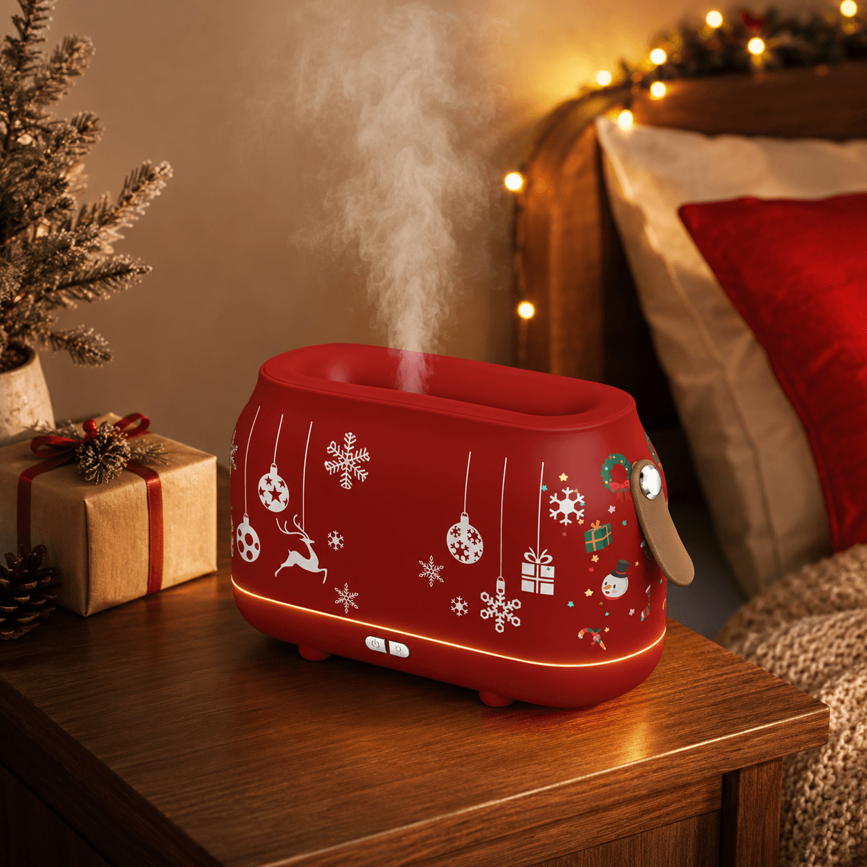 Christmas red flame aroma diffuser with soft mist in a cozy holiday bedroom scene.
