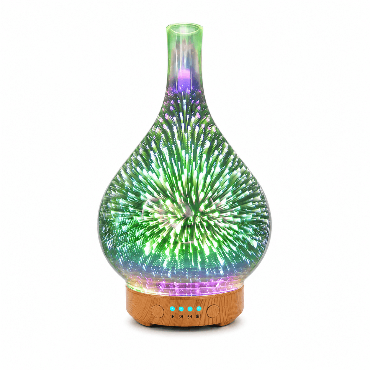 Green glass firework aroma diffuser with wood-look base on a white background