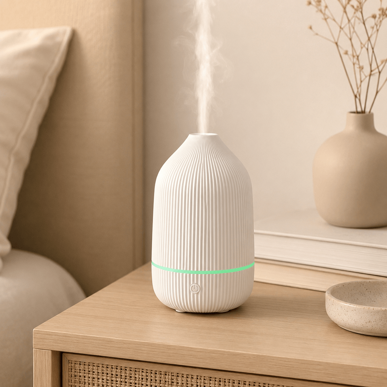 White ribbed aroma diffuser on a bedside table with soft mist and neutral decor