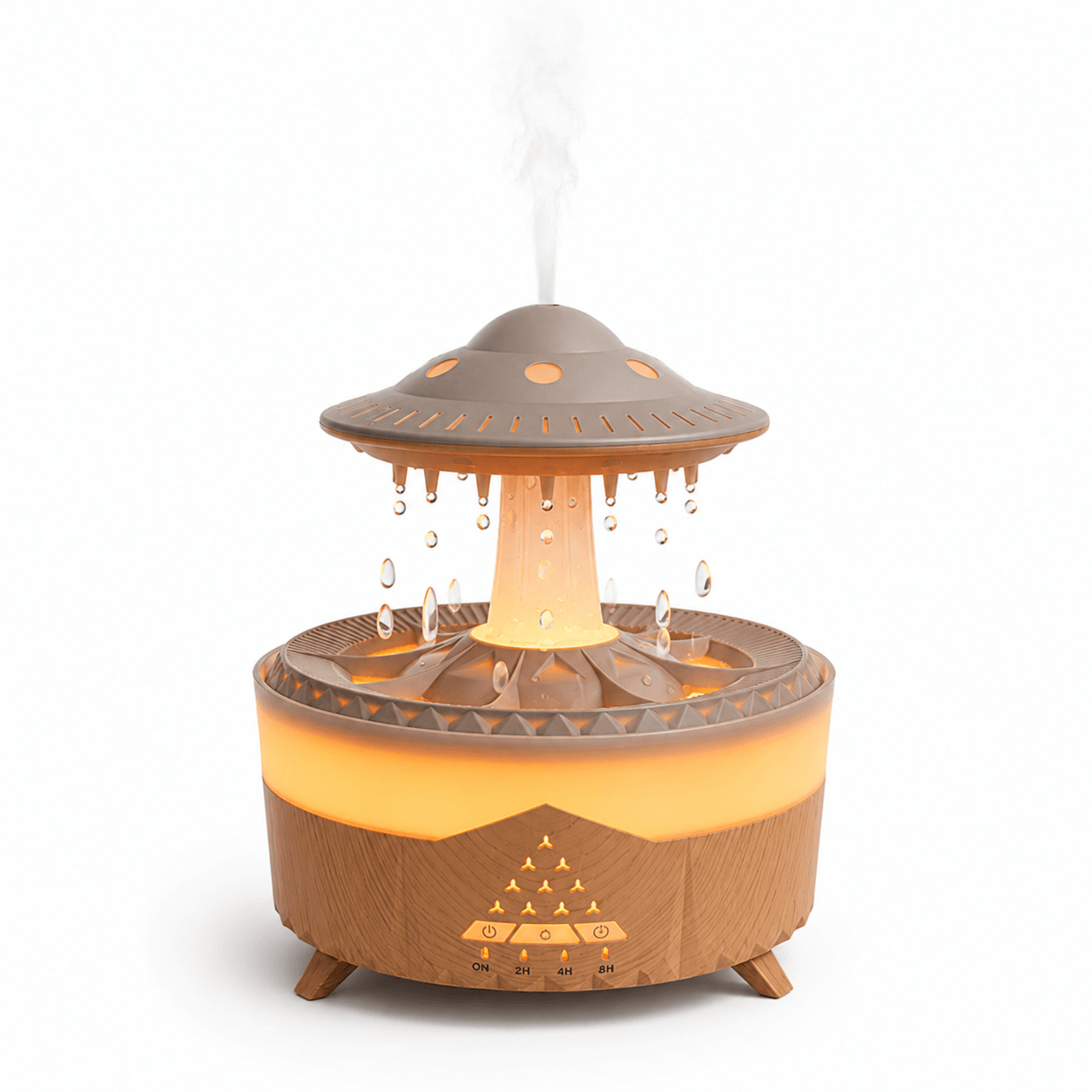 Wood grain UFO raindrop diffuser with warm light and mist