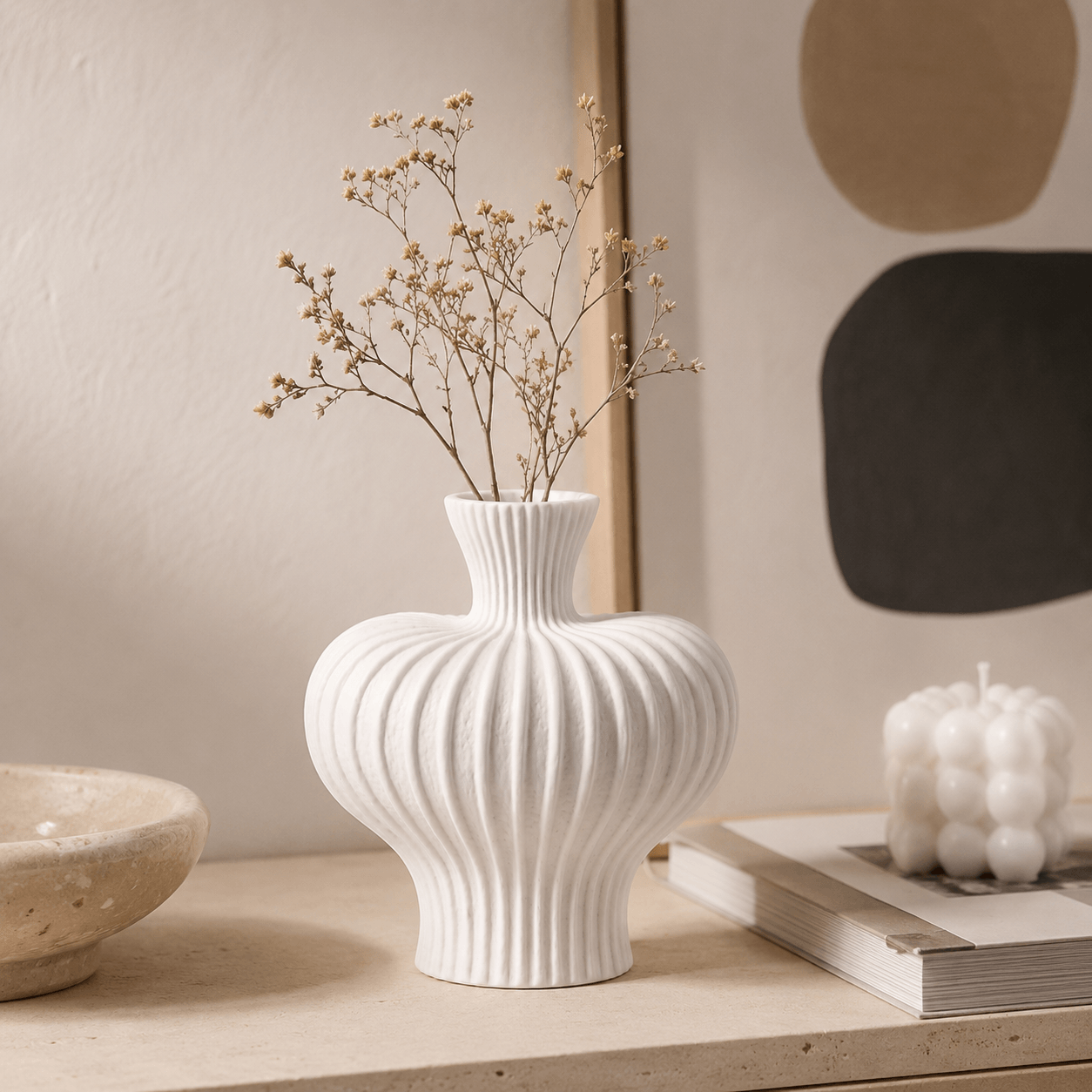 Soft White ribbed ceramic vase styled with dried stems on a minimal tabletop