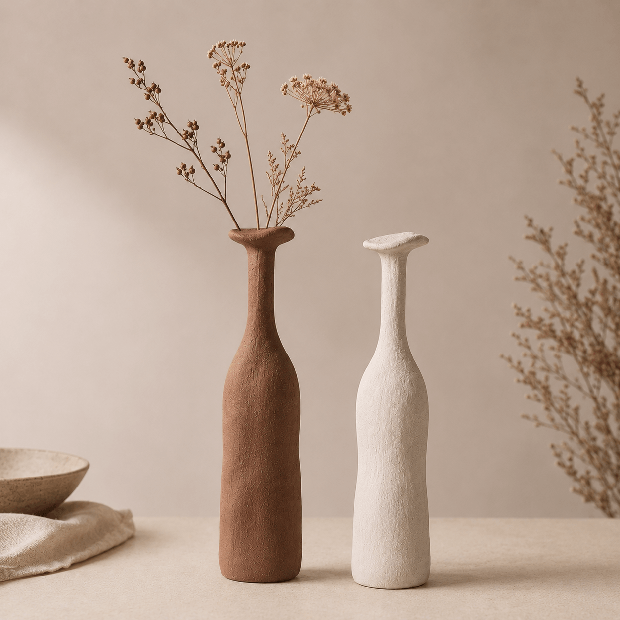 Tea Brown and Artistic White narrow-neck ceramic vases styled together with flowers.