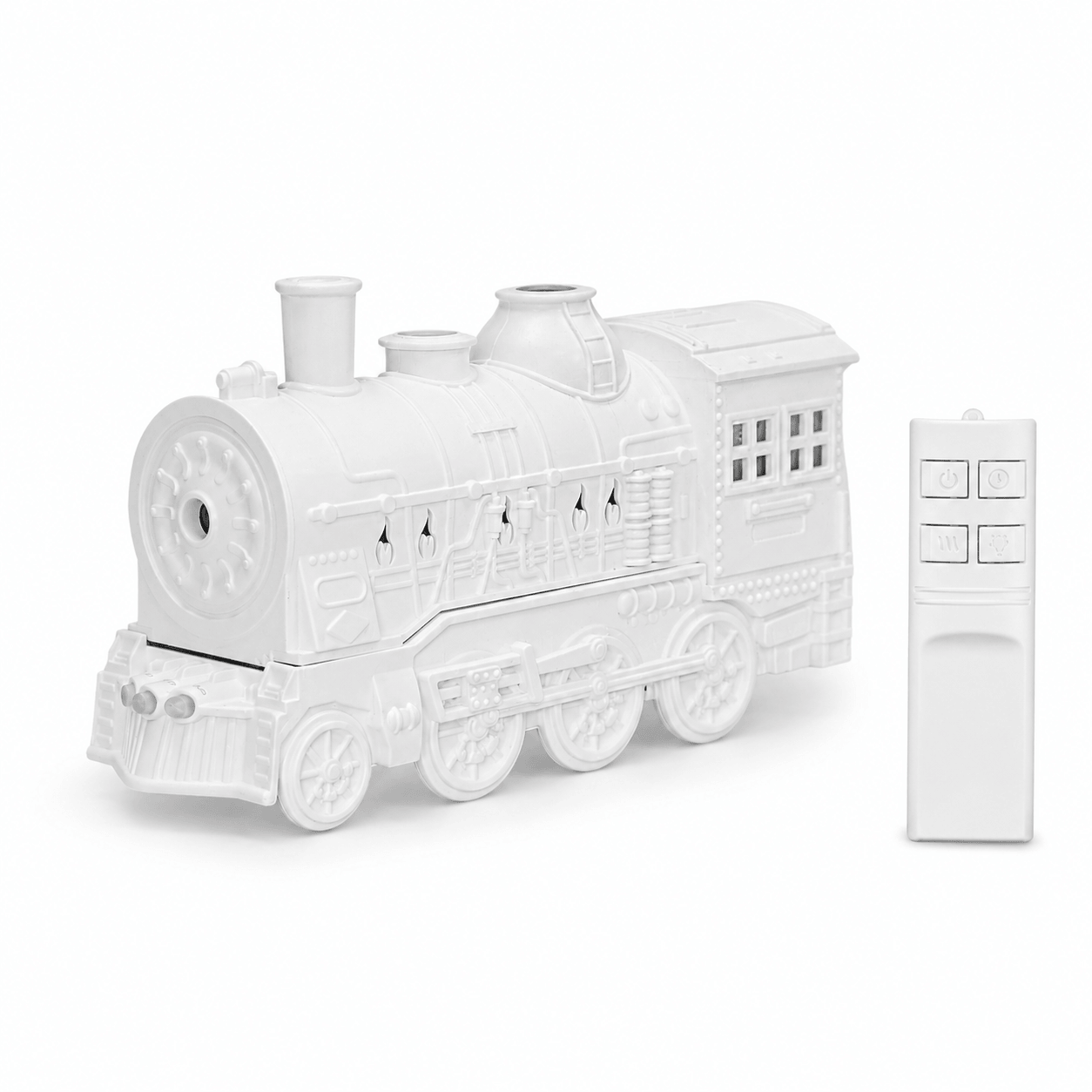Matte white train aroma diffuser with remote on a white background