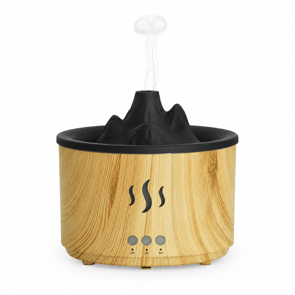 Light wood volcano aroma diffuser with black mountain top, steam icon, timer buttons, and soft mist.