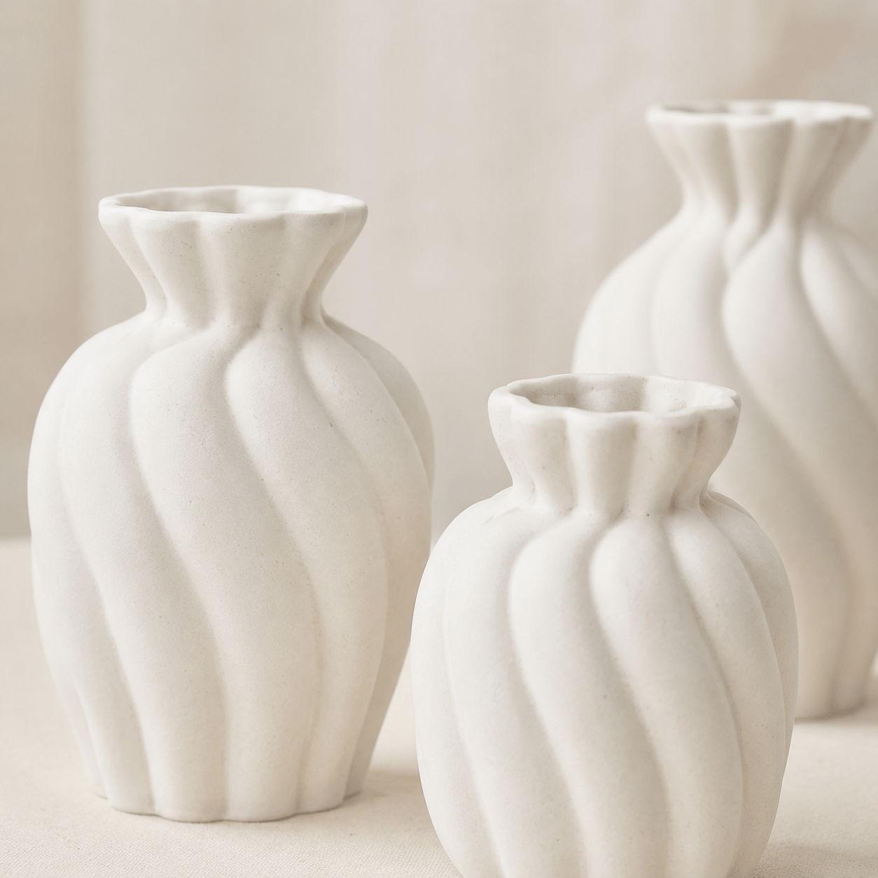 Close-up of the soft wavy texture and sculptural shape of the white ceramic vase set.