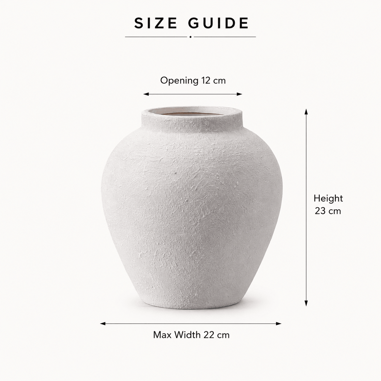 Size guide for the white textured ceramic vase showing 12 cm opening, 23 cm height, and 22 cm max width.