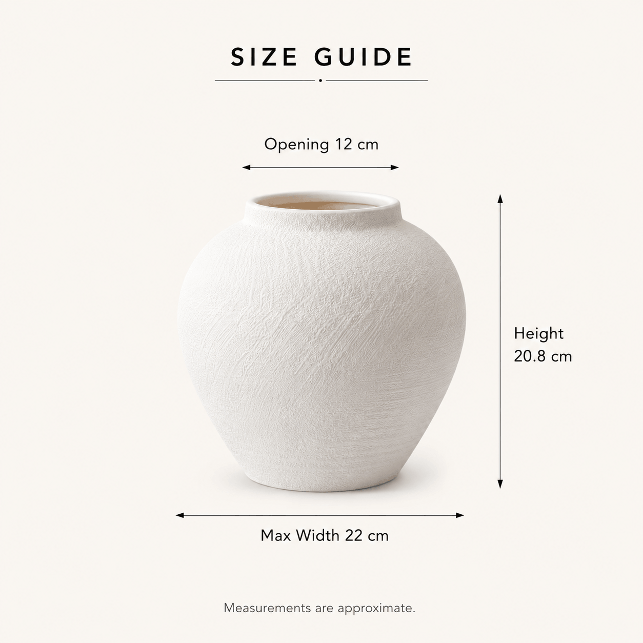Size guide for the white textured ceramic vase showing 12 cm opening, 20.8 cm height, and 22 cm max width.