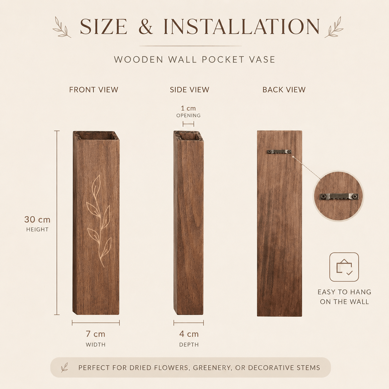 Size and installation guide for the wooden wall pocket vase set with front, side, and back views.