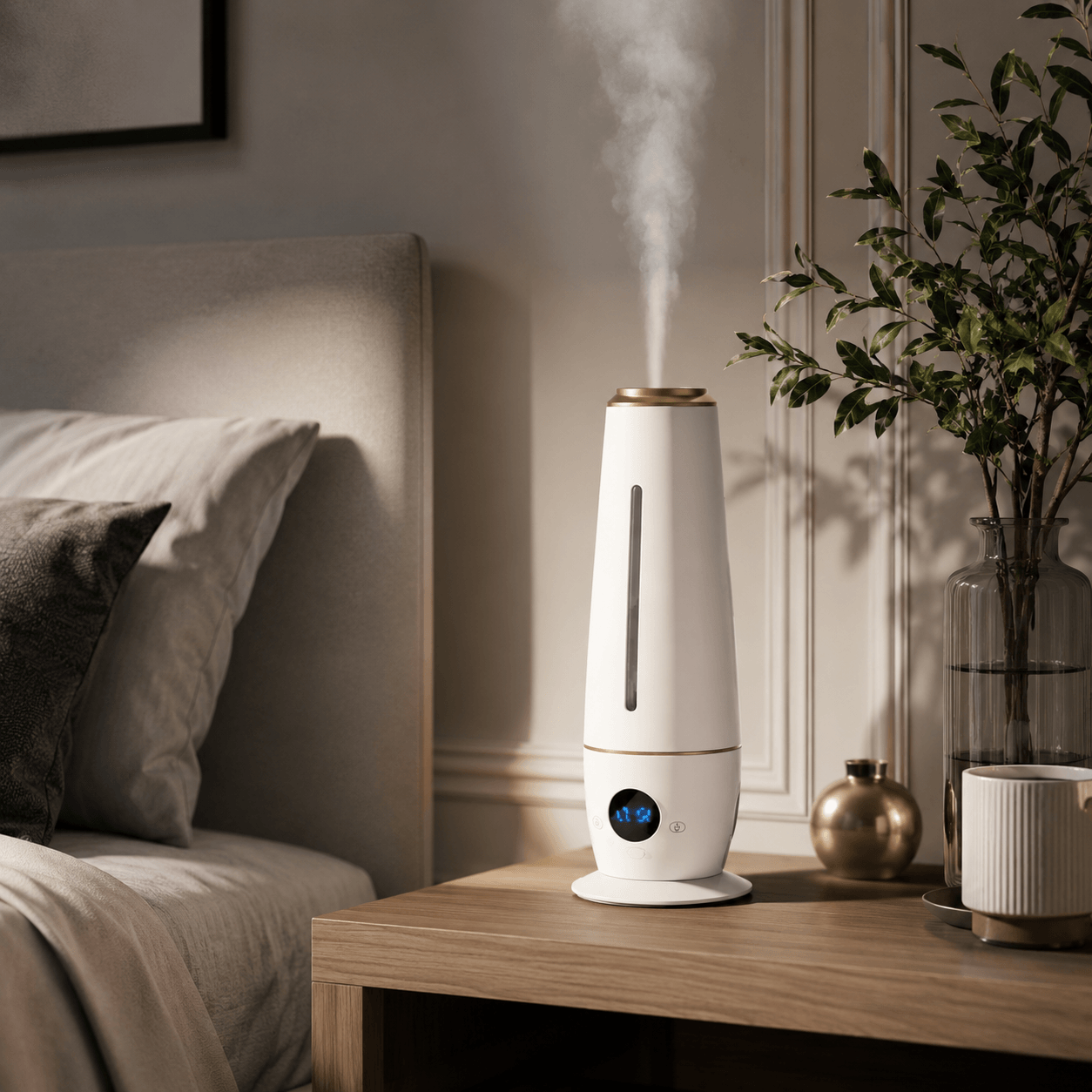 Short desktop humidifier mode used beside a bed with soft mist in a cozy bedroom.