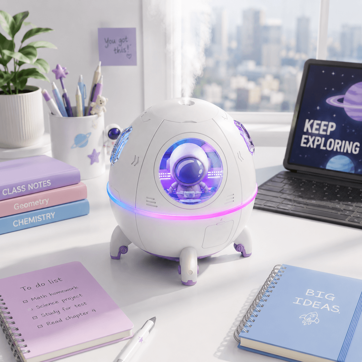Astronaut humidifier on a study desk with books and a laptop