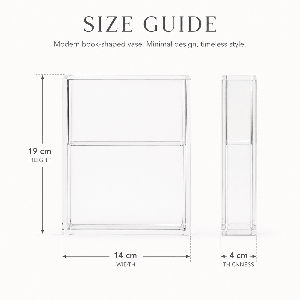 Size guide for the clear acrylic book vase showing height, width, and thickness.