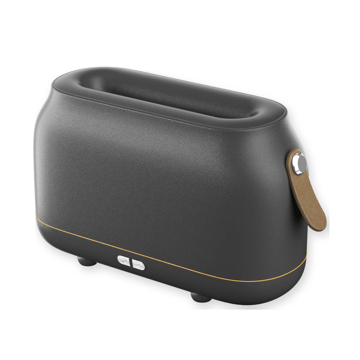Grey flame aroma diffuser with gold accent line and side handle on a white background.
