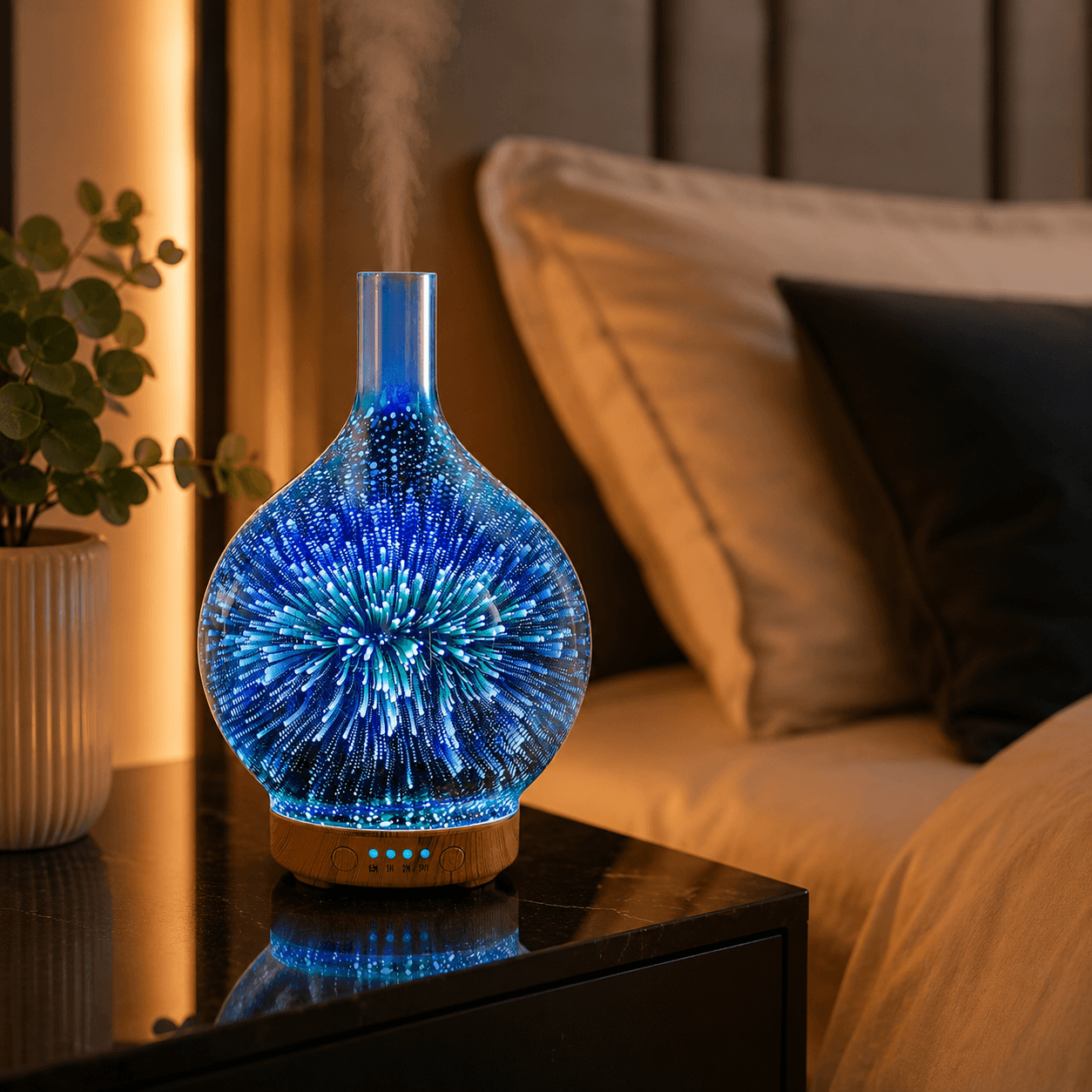 Blue glass firework aroma diffuser glowing on a bedside table in a cozy bedroom