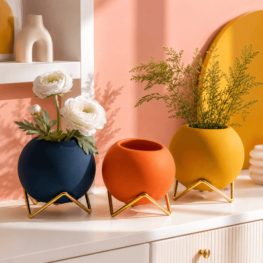 Color Pop Round Ceramic Vase Set | Decorative Flower Vase Set