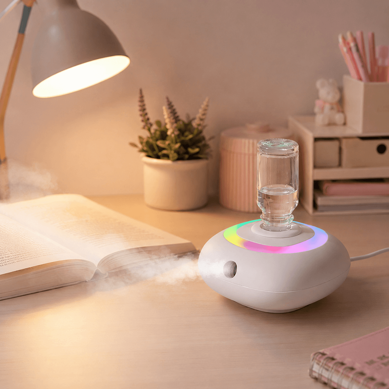 Rainbow diffuser on a bedside desk with warm lighting and soft mist