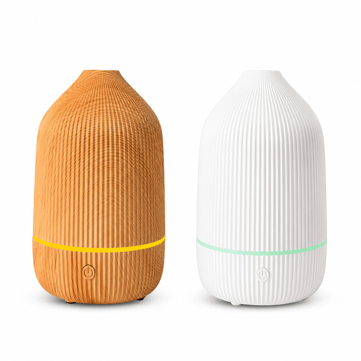 Wood grain and white ribbed aroma diffusers side by side on a white background